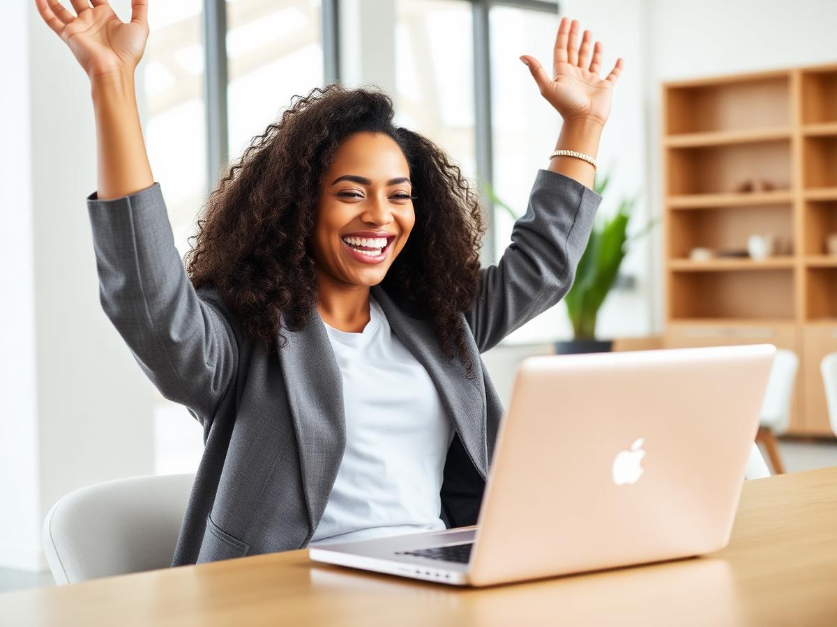 A professional celebrating a new job offer after being placed by A6Systems